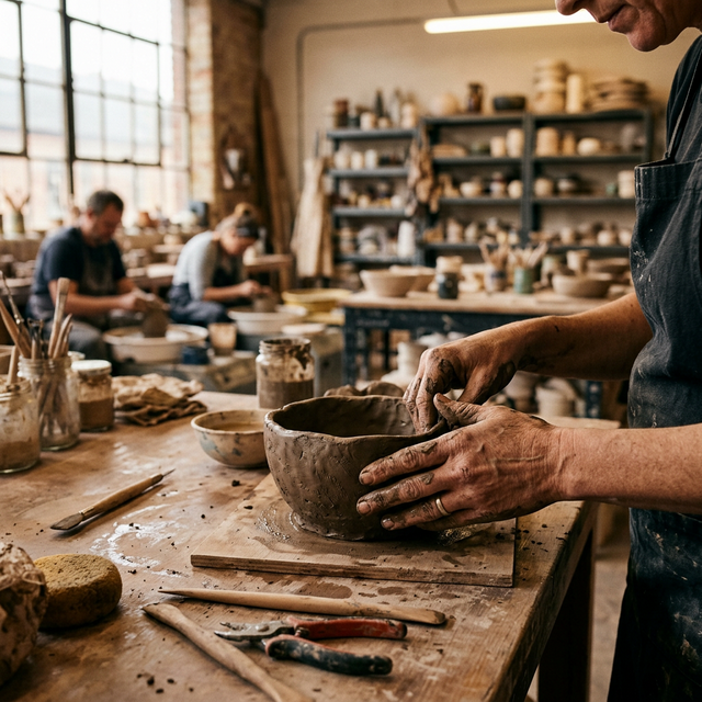 Mains modelant une pièce en argile lors d'un cours de céramique chez Ecohesens Studio à Saint-Denis