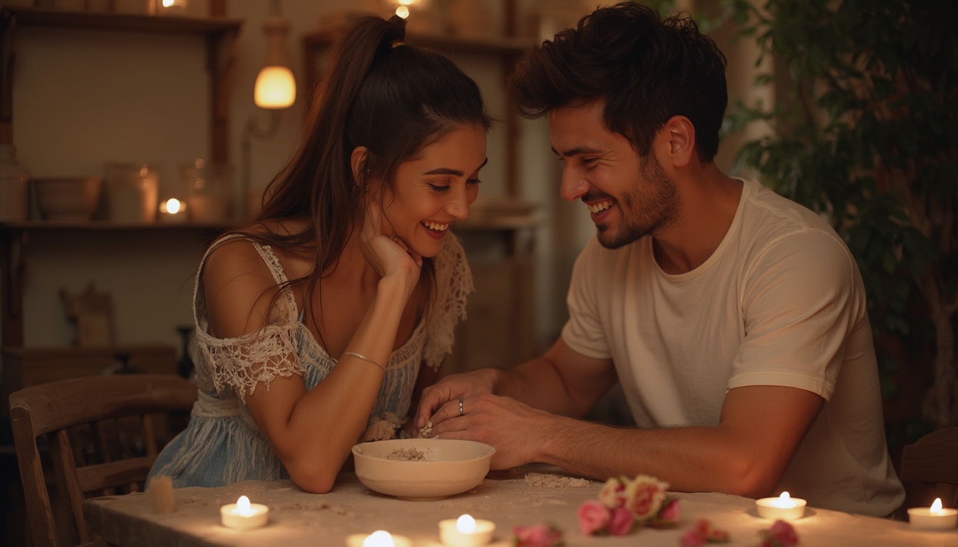 Couple créant ensemble lors d'un atelier céramique pour la Saint-Valentin