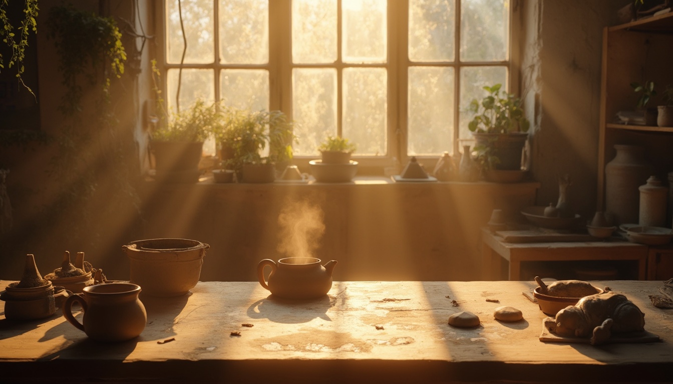 Atelier de céramique baigné de lumière un samedi après-midi